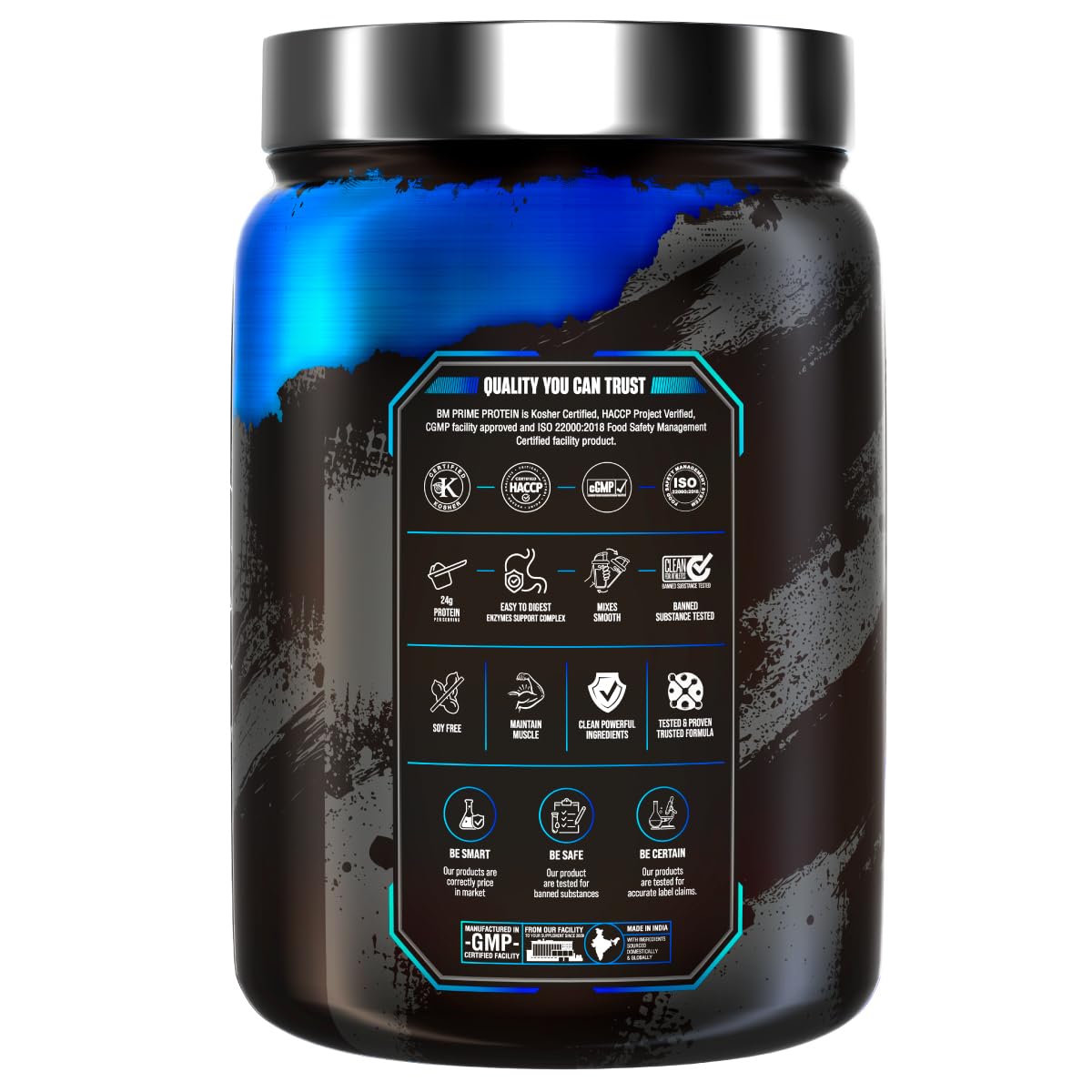 Black supplement container with blue interior and certification logos on a white background