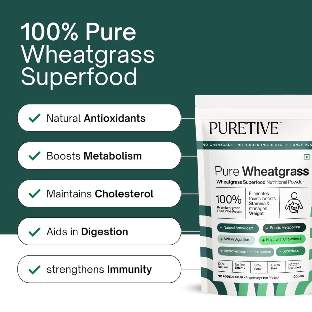 Pure Wheatgrass superfood package with health benefits listed on a green background