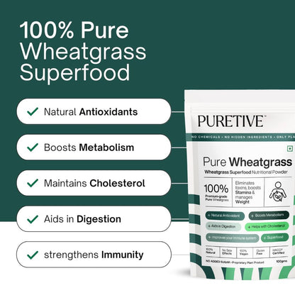 Pure Wheatgrass superfood package with health benefits listed on a green background