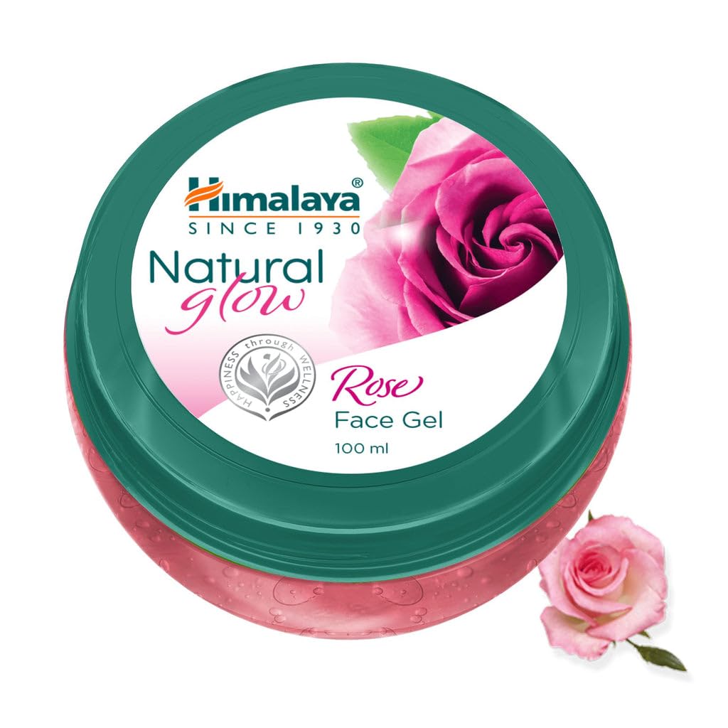 Himalaya Natural Glow Rose Face Gel container with a pink rose on a white background