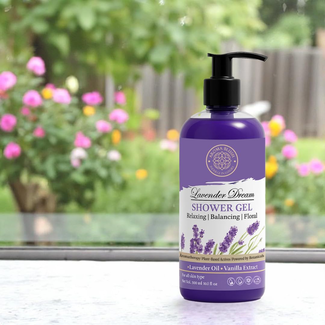 Lavender Dream shower gel bottle with a garden in the background