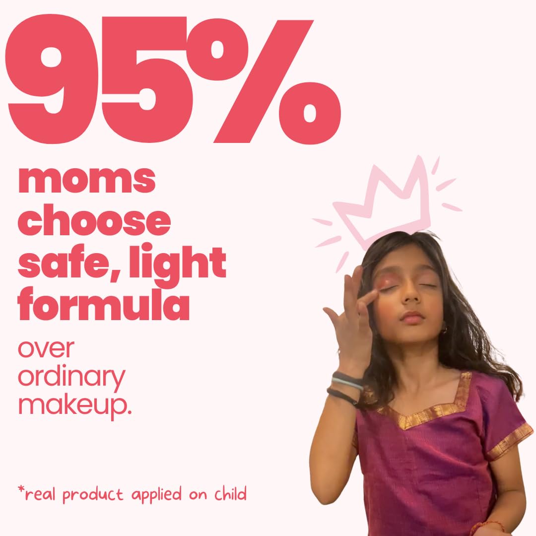Advertisement with a child applying makeup, featuring text about safe, light makeup formula.