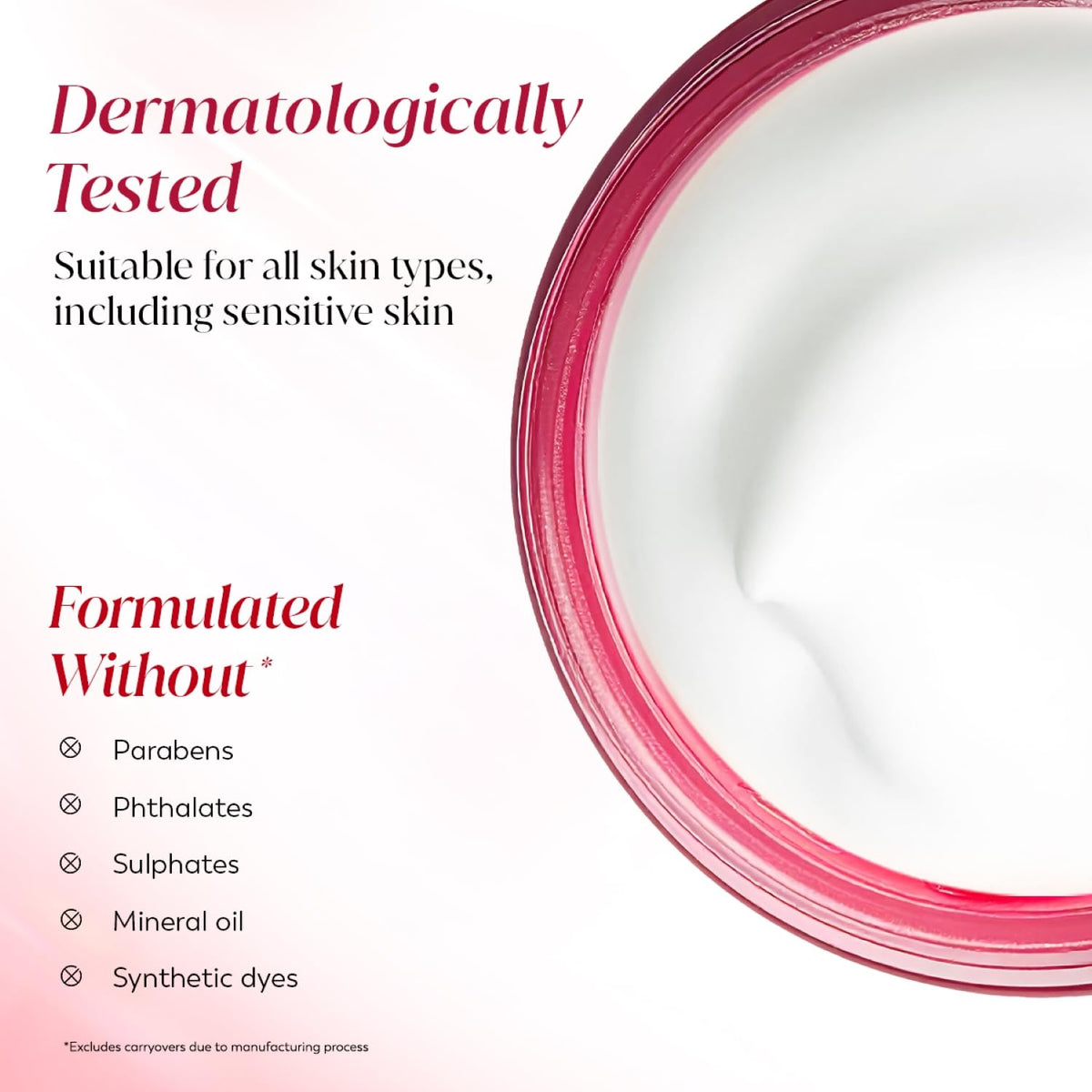 Cosmetic jar with text indicating dermatological testing and ingredient exclusions on a white background.