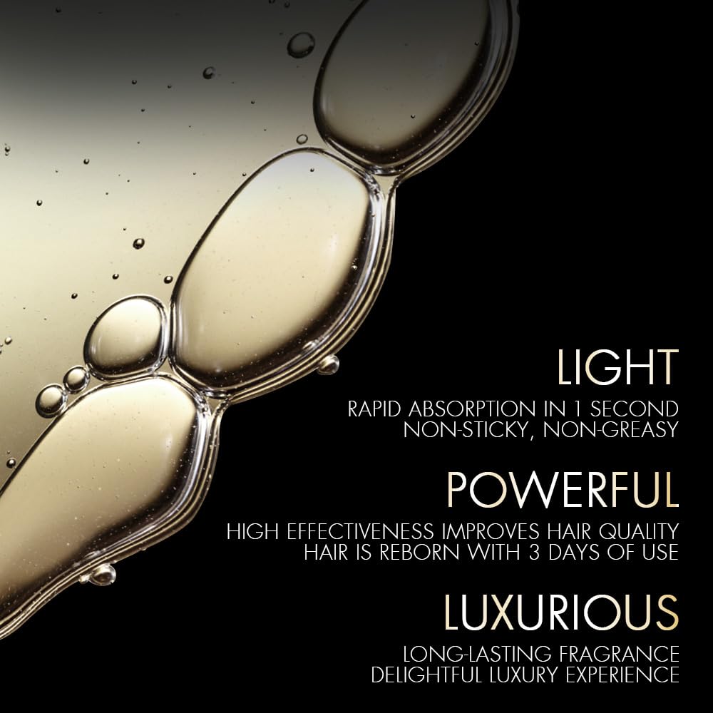 Close-up of a hair product with text highlighting its features on a black background