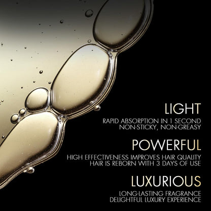 Close-up of a hair product with text highlighting its features on a black background