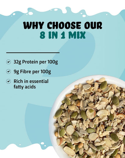 True Elements 8-in-1 Mix Ready-to-Eat Snack, Watermelon, Pumpkin, Sunflower, Flax, Sesame, Almonds, Cashews, Soynuts, High in Protein, 500g