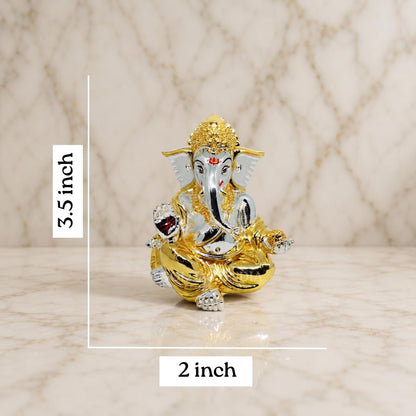 Gold Art India Gold and Silver Plated gaddi Ganesha Idol | Ganpati Bappa Murti | for Home Decor Puja Lord Ganesh Statue Gift for Office Desk Puja Room Figurine, Car Dashboard, House Warming (7.6 x 7.6 x 8.8)
