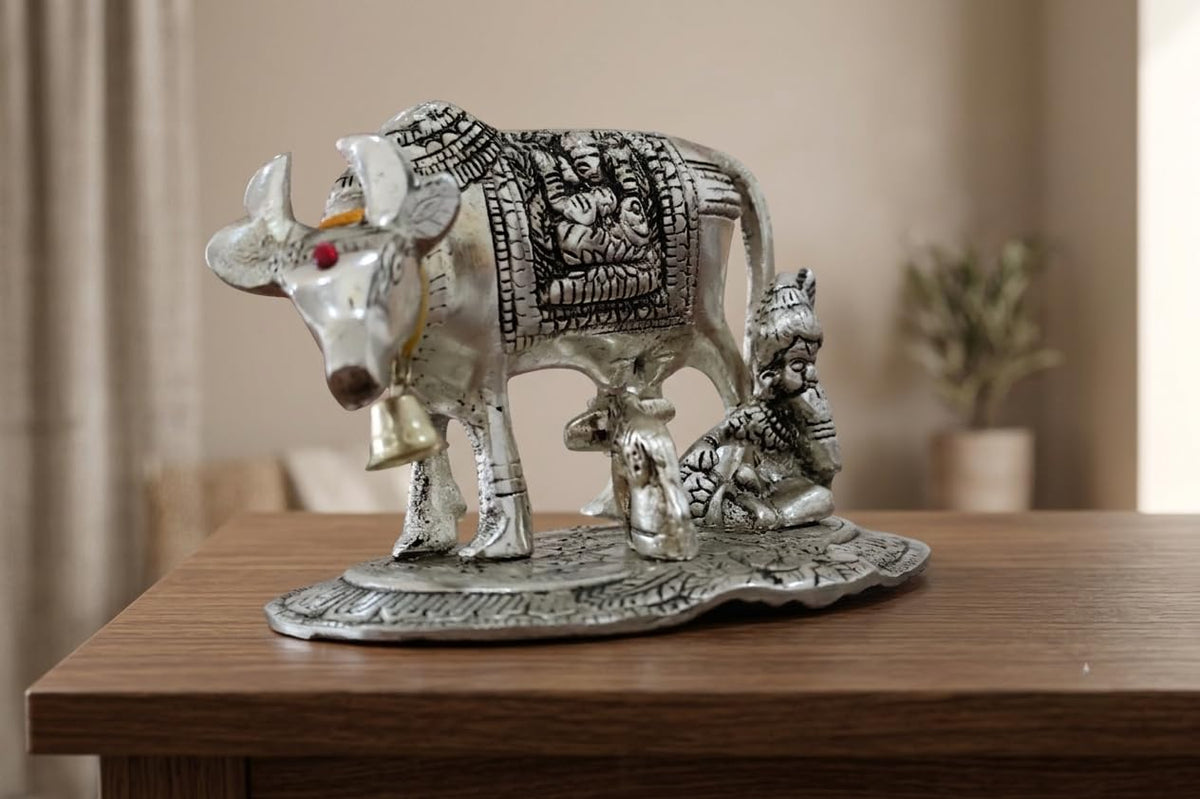 KridayKraft Kamdhenu Cow and Calf with Krishna Idol, Silver-Plated Decorative Showpiece for Home Decor and Gift, 14 x 11 cm X 10 cm, 350 g