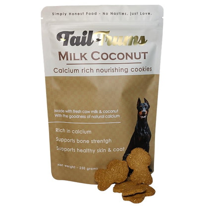 TailTrums Dog Biscuits – Milk & Coconut Cookies with Calcium 250g | Healthy Dog Food | All Breeds |