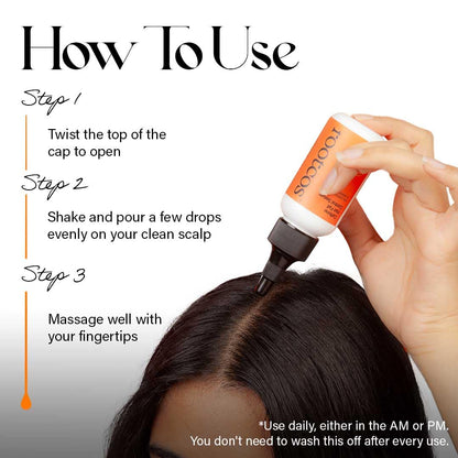 Instructions on how to use a scalp treatment product with a hand applying it to hair.