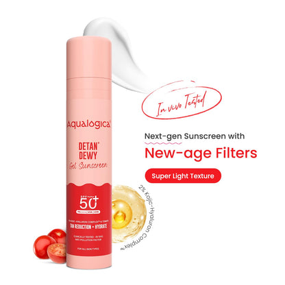 Aqualogica Detan+ Dewy Gel Sunscreen SPF 50+ PA++++ with 2% Kojic-Hyaluron Complex & Wild Berries, 50g | Broad Spectrum UVA/UVB & Blue Light Protection | No White Cast | Fragrance-Free | Lightweight | Hydrating | For Men & Women