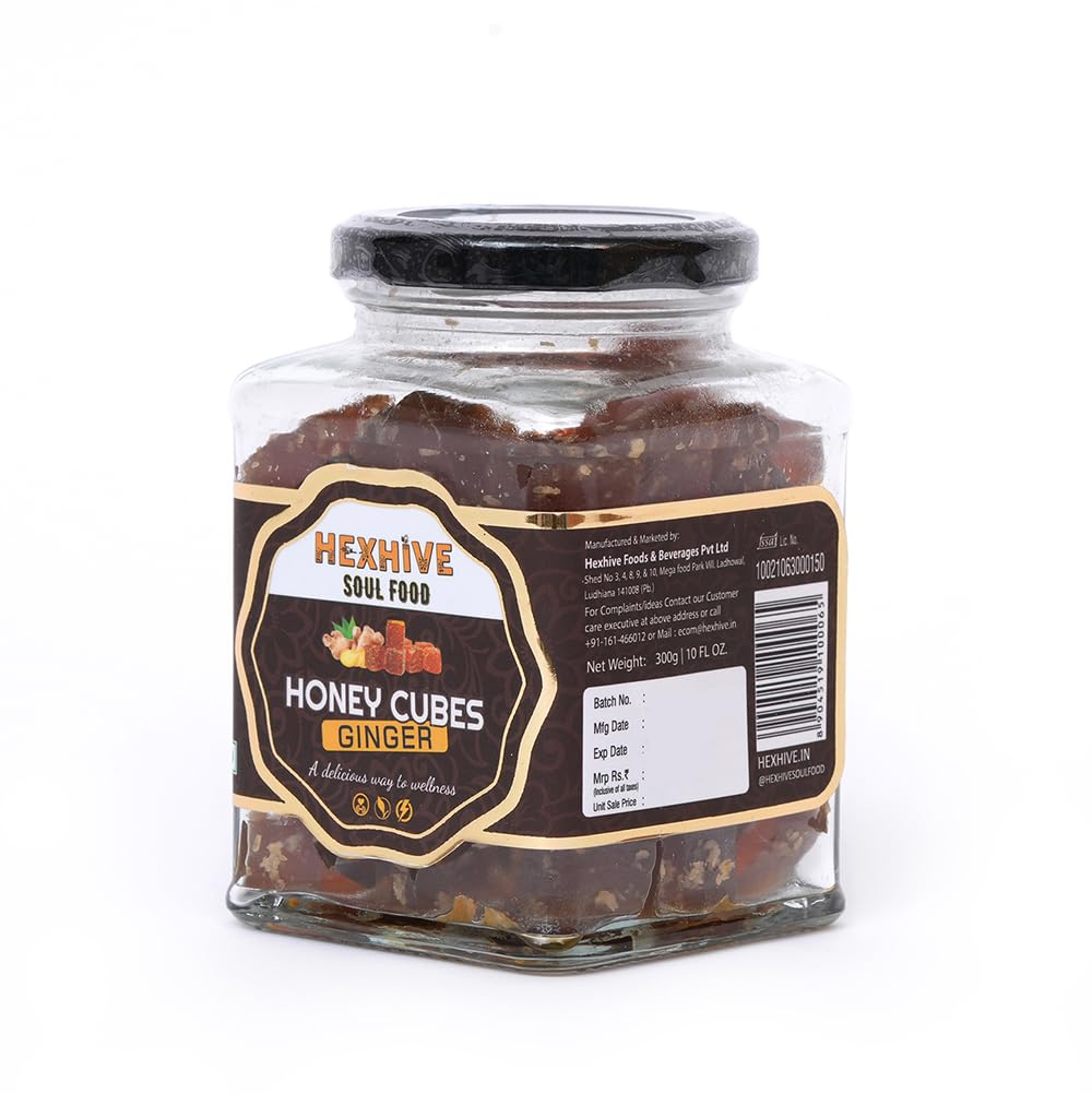 Jar of Hexthive Soul Food Honey Cubes Ginger on a white background