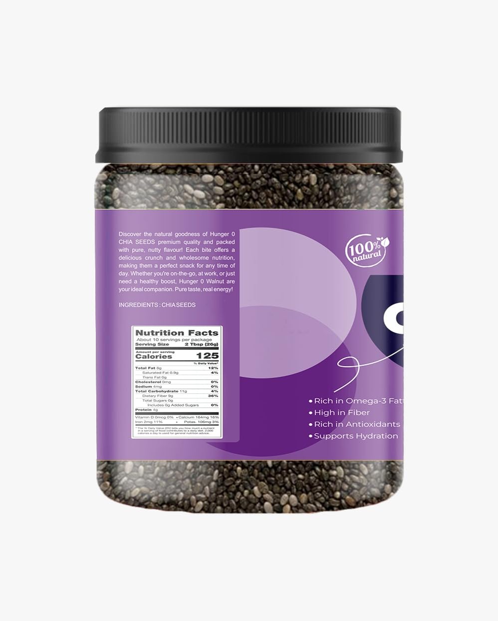 Hunger 0 Premium Grade Chia Seeds, Raw Seeds for Eating, Rich in Fiber, Calcium, Protein & Omega 3, Healthy Superfood for Smoothies, Salads, Baking & Daily Diet Food