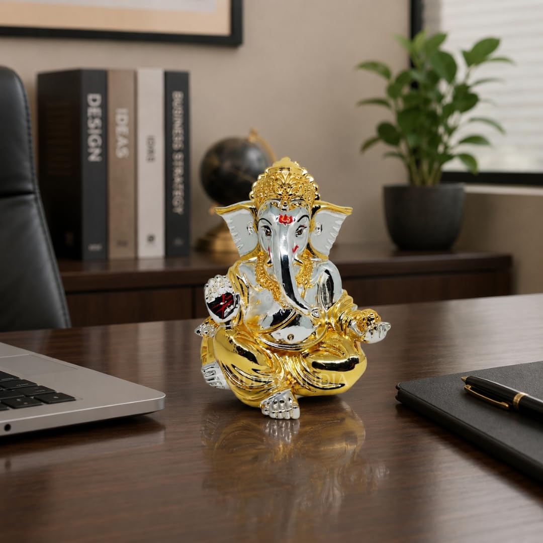 Gold Art India Gold and Silver Plated gaddi Ganesha Idol | Ganpati Bappa Murti | for Home Decor Puja Lord Ganesh Statue Gift for Office Desk Puja Room Figurine, Car Dashboard, House Warming (7.6 x 7.6 x 8.8)
