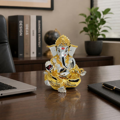 Gold Art India Gold and Silver Plated gaddi Ganesha Idol | Ganpati Bappa Murti | for Home Decor Puja Lord Ganesh Statue Gift for Office Desk Puja Room Figurine, Car Dashboard, House Warming (7.6 x 7.6 x 8.8)