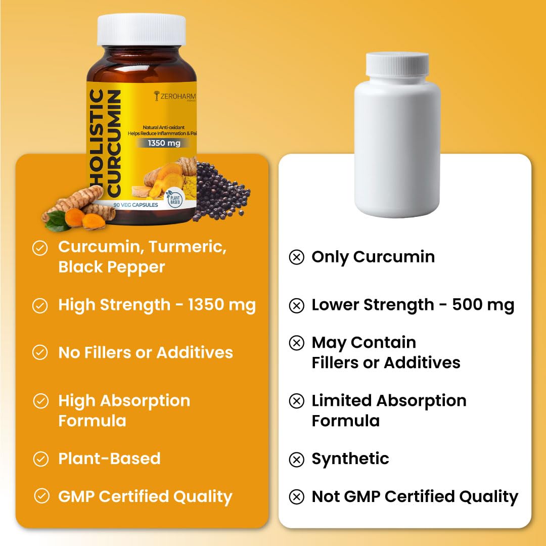 ZEROHARM Holistic Curcumin Capsules 1350mg | 95% Curcuminoids with Piperine & Black Pepper | High Absorption Turmeric Curcumin Supplement for Joint, Immunity & Inflammation Support | 90 Capsules