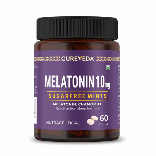 Bottle of Cureveda Melatonin 10mg sugarfree mints on a white background