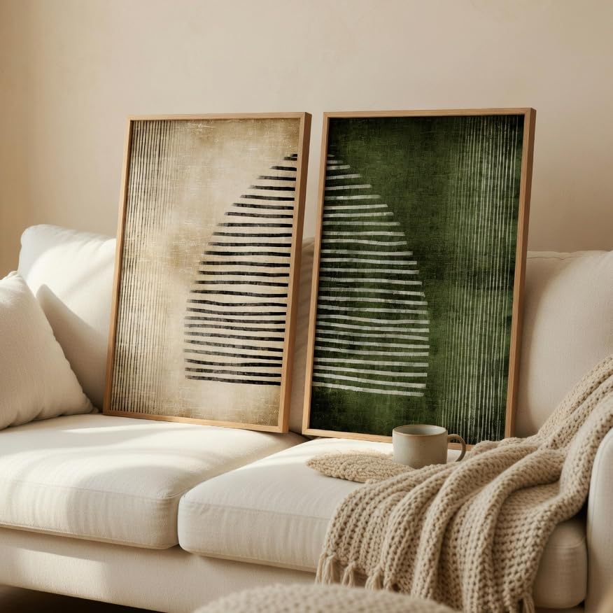 Modern Abstract Geometric Wall Painting Set of 2 with Wooden Frames | Minimalist Line Art HD Sparkle Laminated MDF Wall Decor | Contemporary Abstract Wall Art for Living Room Bedroom
