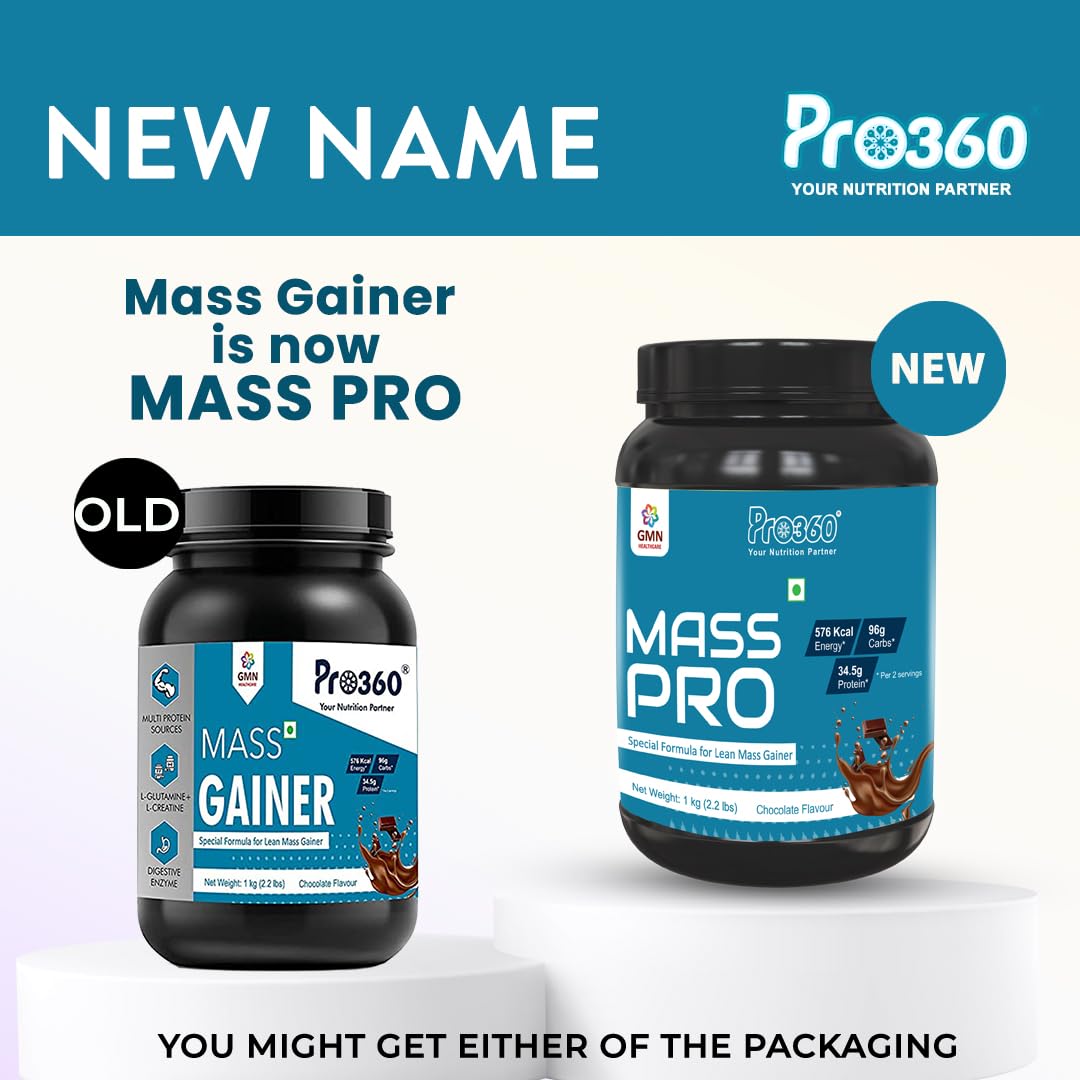 PRO360 Mass Pro (fka Mass Gainer) Protein Powder - Lean Mass Formula with Digestive Enzymes, 34.5g Protein per 2 Servings a day, Chocolate Flavor, 1kg
