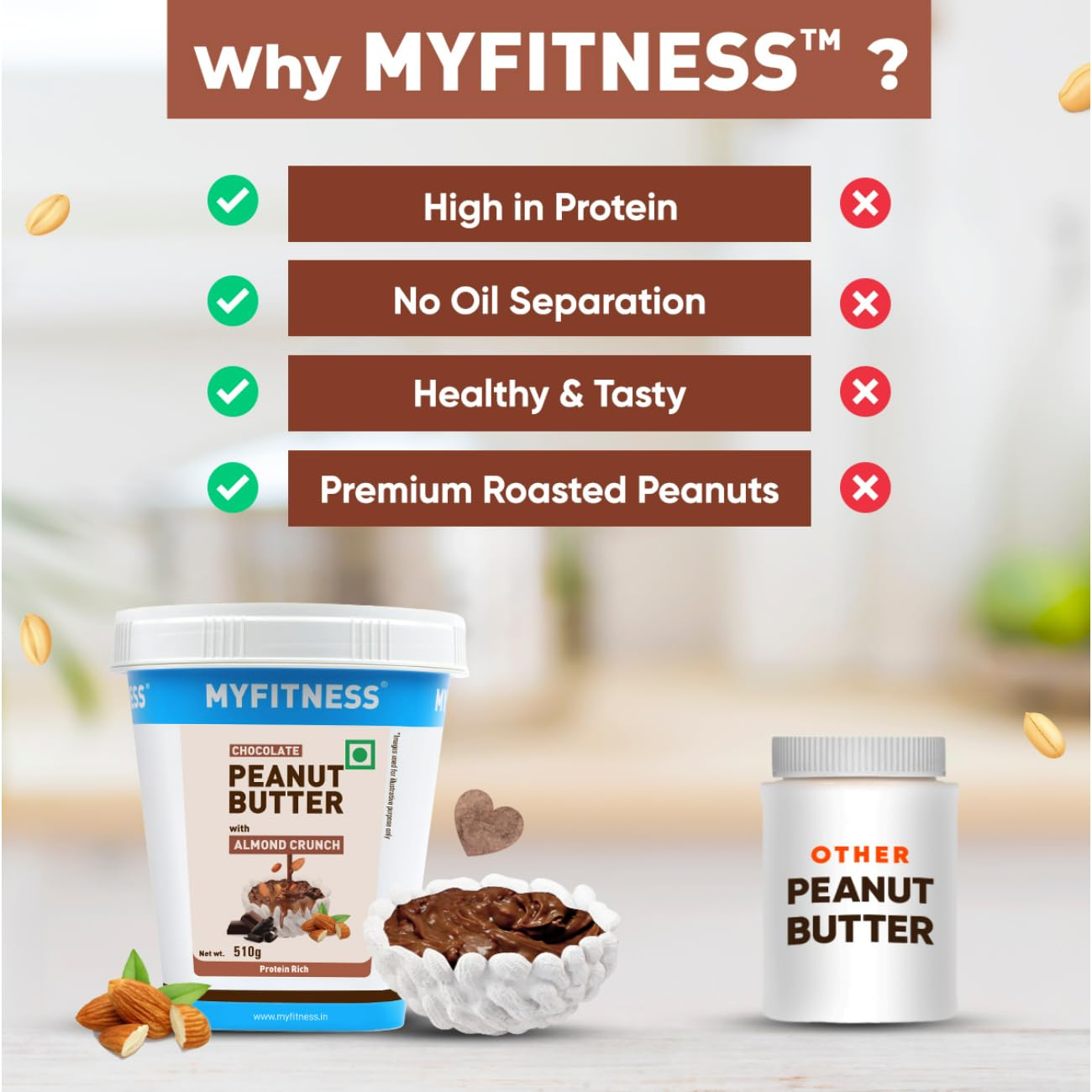 MYFITNESS Peanut Butter Chocolate Spread with Almond Crunch 510g | 25g Protein & 9g Fiber | Tasty & Healthy Nut Butter Spread for Breakfast | Cholesterol Free | Zero Trans Fat | Crunchy Peanut Butter