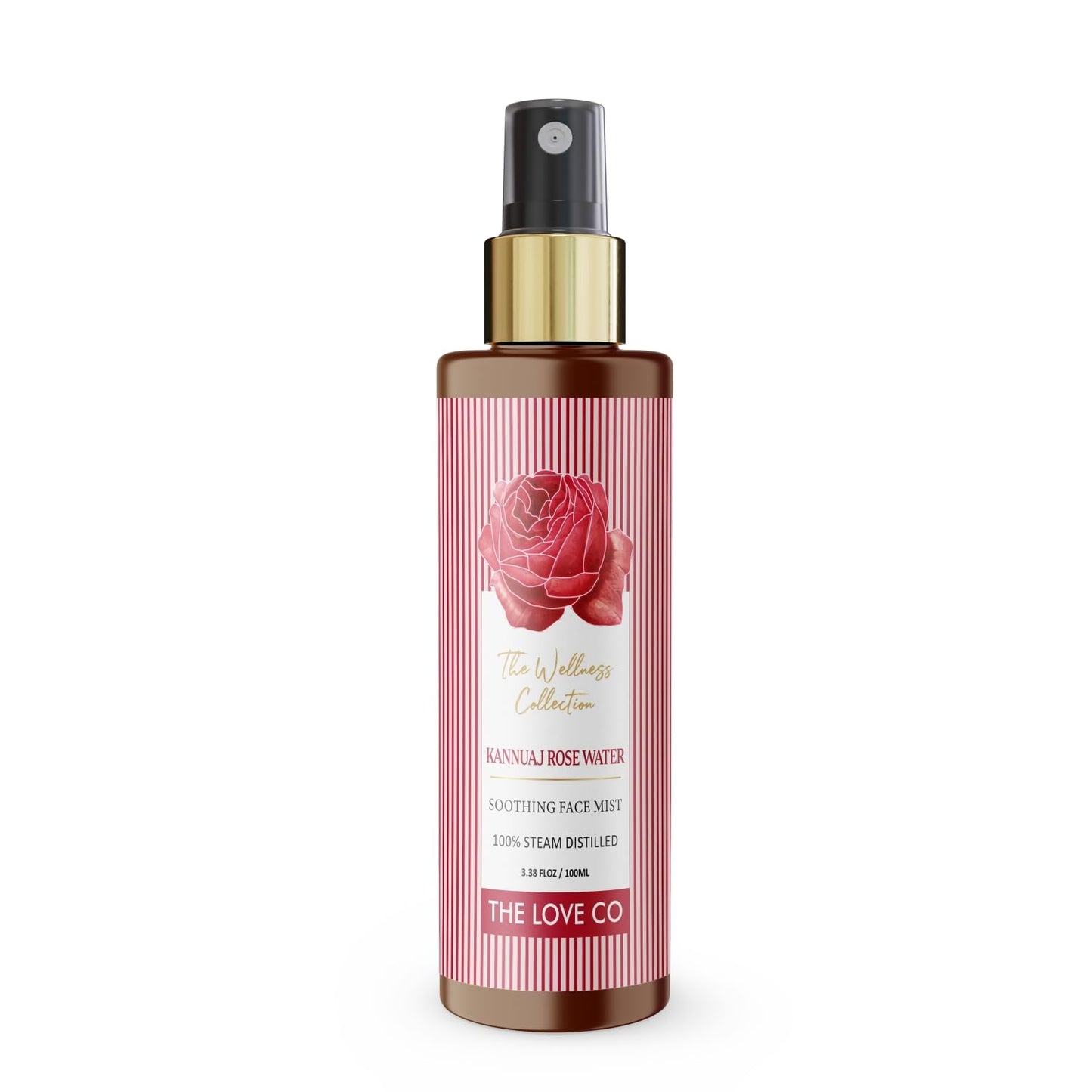 Rosewater spray bottle with pink label featuring a rose on a white background