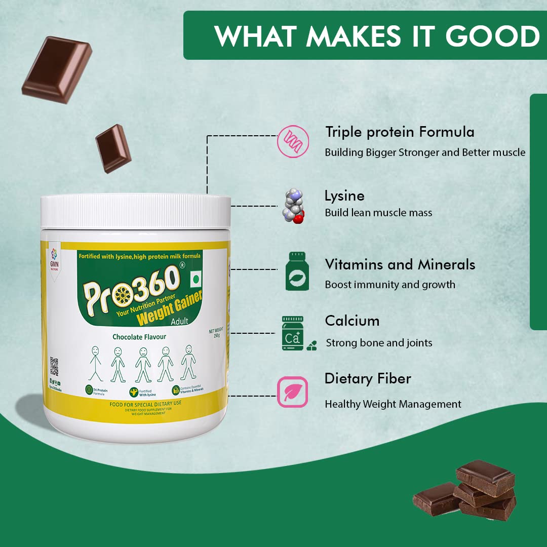 Pro360 WeightGainer Pro High Protein and Carbohydrates Powder – Calorie Rich Complete Nutritional Supplement – Triple Protein Formula with Vital Nutrients for Men, Women – Chocolate Flavour – 250g