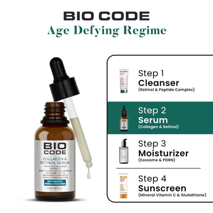 Bio Code Hydrolyzed Collagen 2% Face Serum (30ml) – with 2% Retinol SLP, 1% Peptides & 3% Niacinamide | For Anti-Aging & Wrinkle Reduction | AI-Enhanced Formula | Dermatologist Recommended