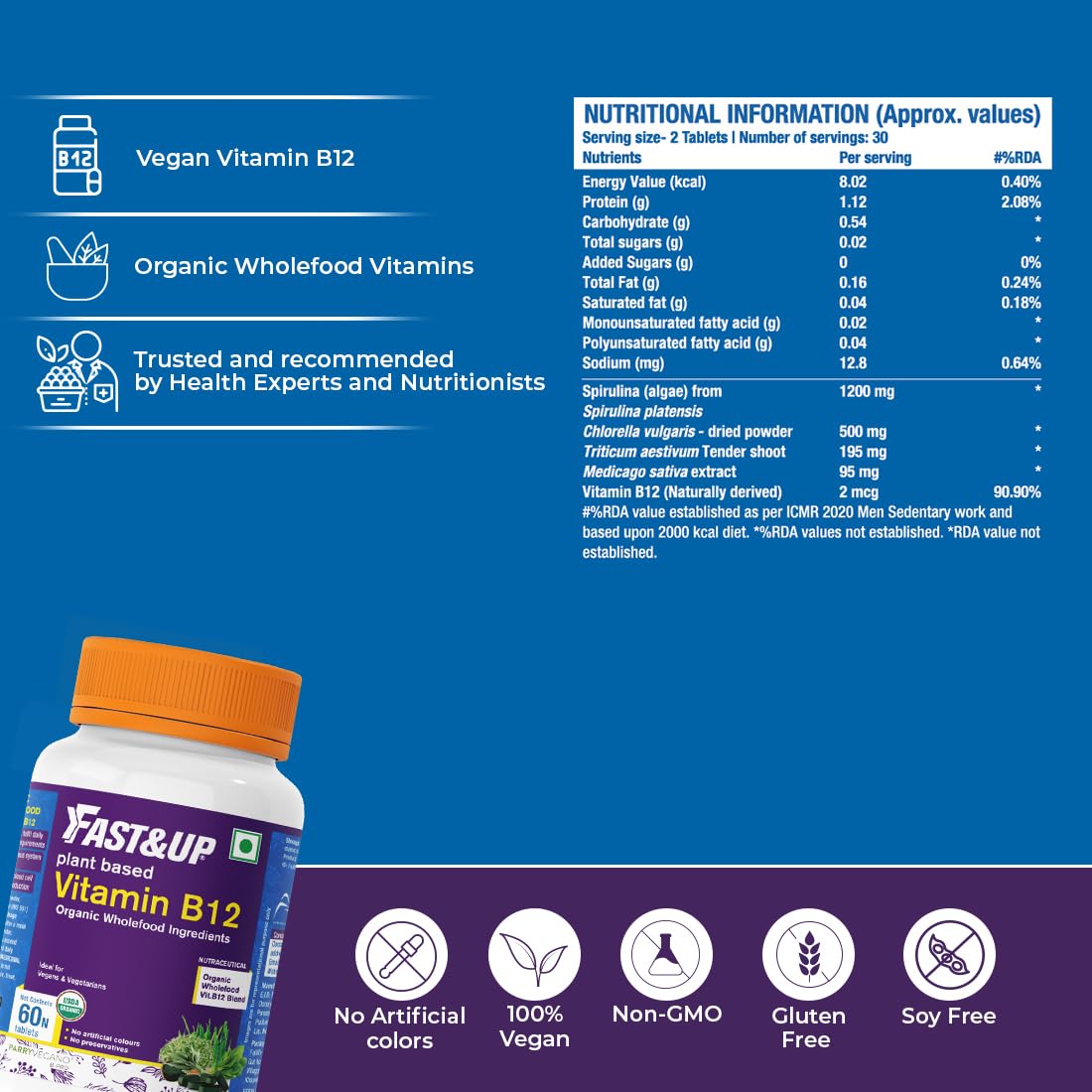 Vitamin B12 supplement packaging with nutritional information and product details on a blue background
