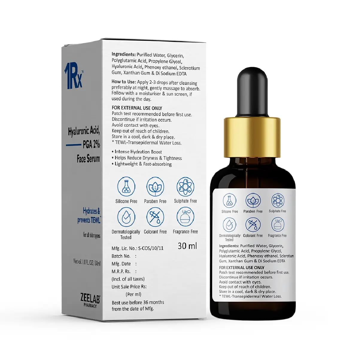 Face serum bottle with dropper and packaging on a white background