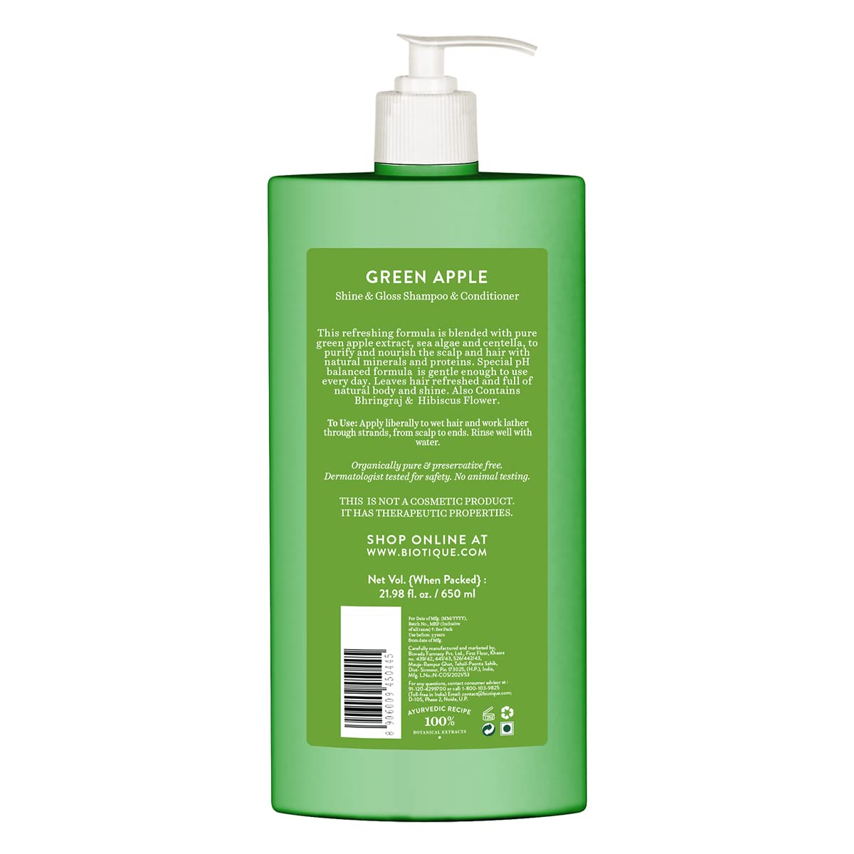 Biotique Green Apple Shine & Gloss Shampoo & Conditioner| Promotes Healthy, Shiny and Glossy Hair | Nourishes Scalp | Makes Hair Soft & Smooth |100% Botanical Extracts| All Skin Types | 650ml