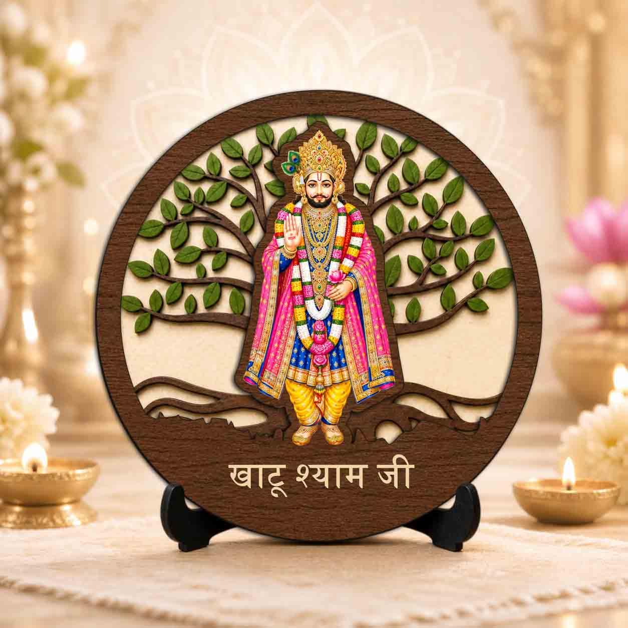 Plan To Gift Khatu Shyam Ji Table Top Wooden Idol/Murti for Mandir Decoration, Office Desk & Festive Gift - 5x5 Inch