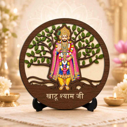 Plan To Gift Khatu Shyam Ji Table Top Wooden Idol/Murti for Mandir Decoration, Office Desk & Festive Gift - 5x5 Inch