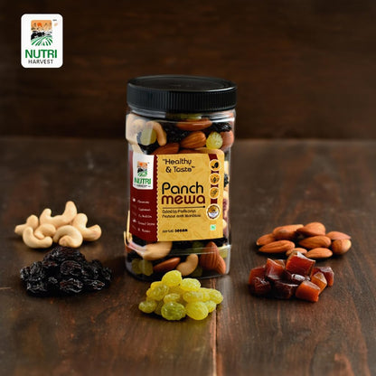 NUTRI HARVEST Premium Dry Fruits Mix pack (Panch Mewa Mix), Natural Blend of Almonds, Cashews,Black and green Raisins and diced Dates| Fit for Fasting 250 gram| (Re-sealable pack for freshness)