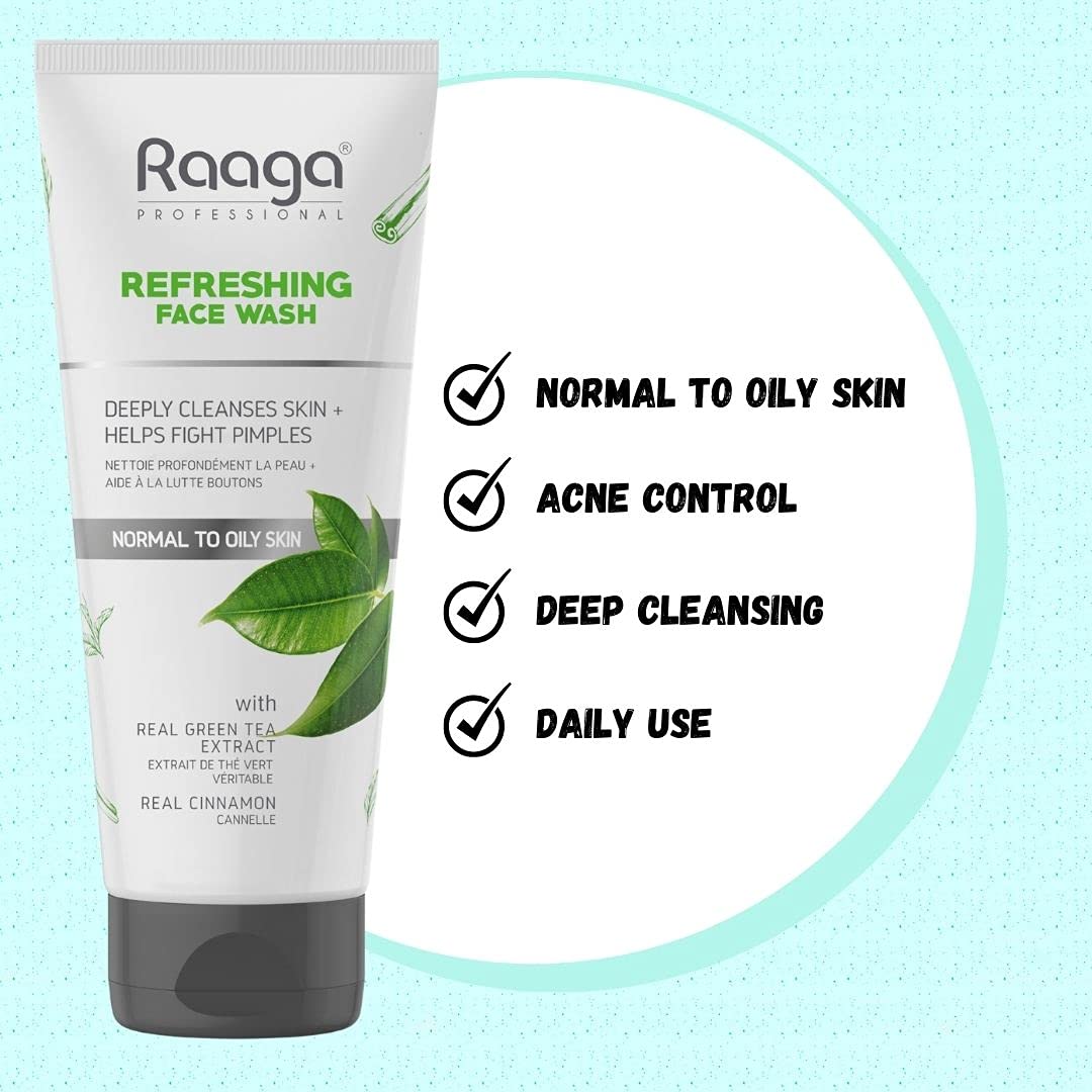 Raaga Refreshing Face Wash tube with green tea extract on a light blue background