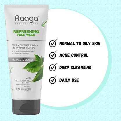 Raaga Refreshing Face Wash tube with green tea extract on a light blue background