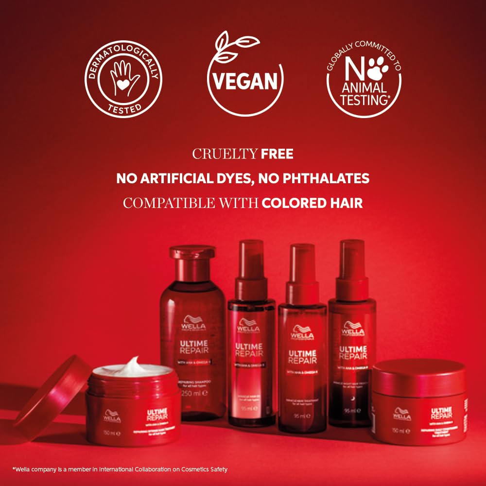 Wella hair care products on a red background with branding icons and text.