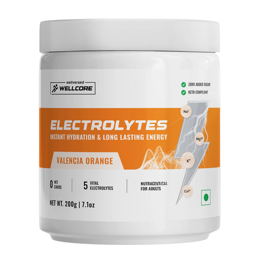 Wellcore - Electrolytes (200g) | Orange |Electrolyte Drink With 5 Vital Electrolytes: Na, Mg, Ca, K, PO4 |Sugar Free Electrolyte Powder|Fat Fuel Powered for Sustained Energy|Keto Electrolyte