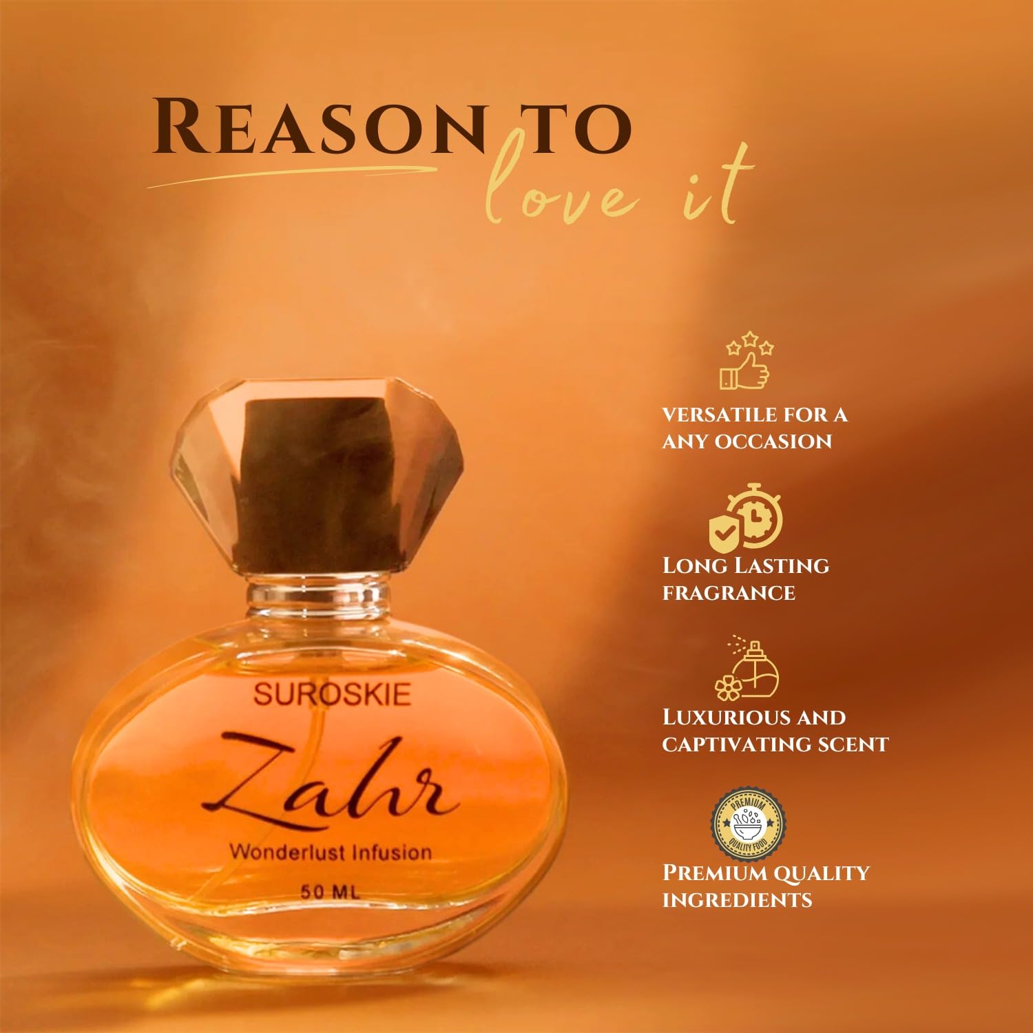 Suroske Zahr perfume bottle with features on an orange background