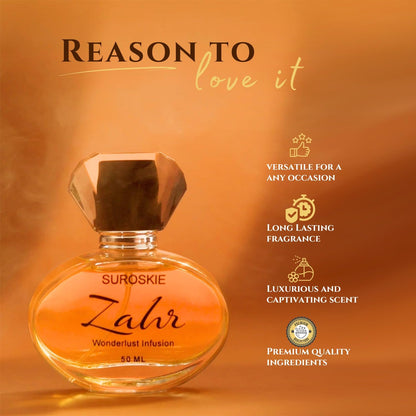 Suroske Zahr perfume bottle with features on an orange background