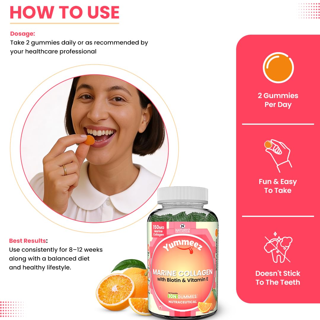 Yummeez Marine Collagen supplement bottle with usage instructions and a woman eating a gummy.