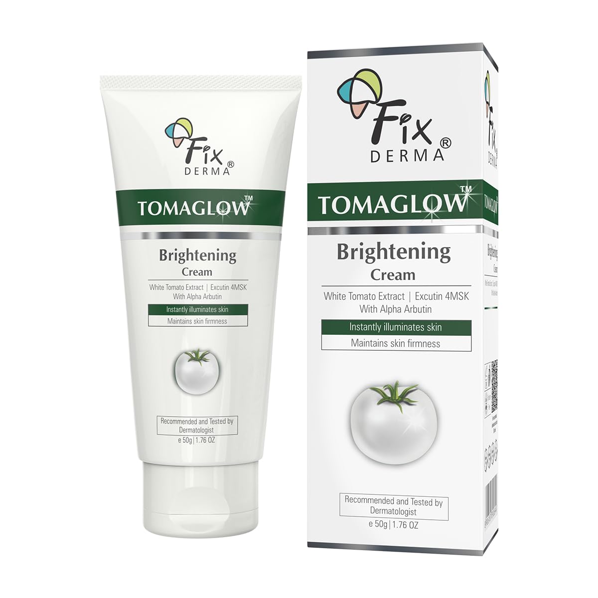 FIXDERMA Tomaglow Brightening Face Cream With White Tomato Extract, Excutin 4MSK With 2% Alpha Arbutin 4% Niacinamide, Lightens Dark Spots & Instantly Illuminates Skin, Face Cream For Unisex - 50G
