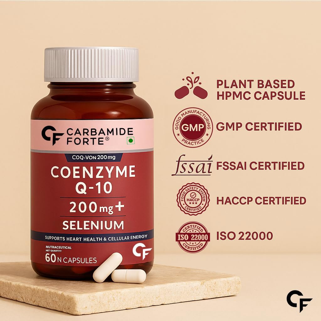 Bottle of Carbamide Forte Coenzyme Q-10 200 mg + Selenium on a beige background with certification logos.