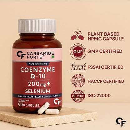 Bottle of Carbamide Forte Coenzyme Q-10 200 mg + Selenium on a beige background with certification logos.