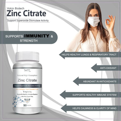Vakin Biotech Zinc Citrate supplement with a woman wearing a face mask on a gray background