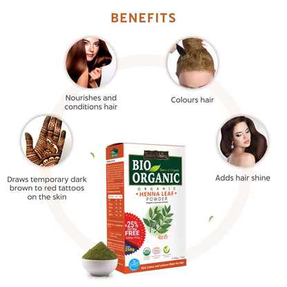 Bio Organic Henna Leaf Powder packaging with benefits listed on a white background
