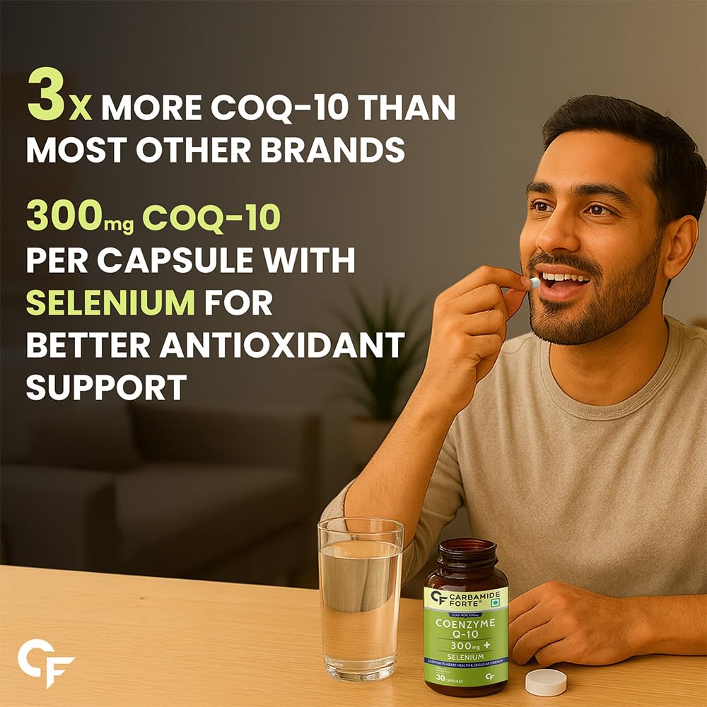 Man taking a supplement capsule with a glass of water, COQ-10 supplement bottle, and text about COQ-10 content.