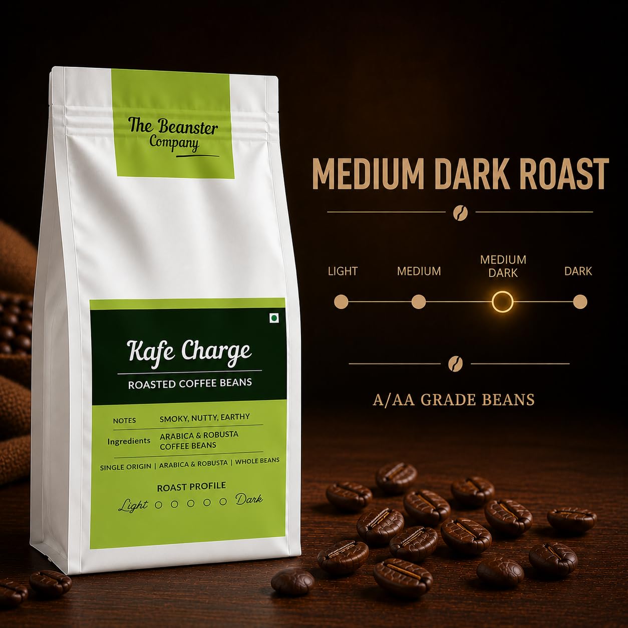 Beanster Kafe Charge Whole Roasted Coffee Beans, Medium Dark Roast