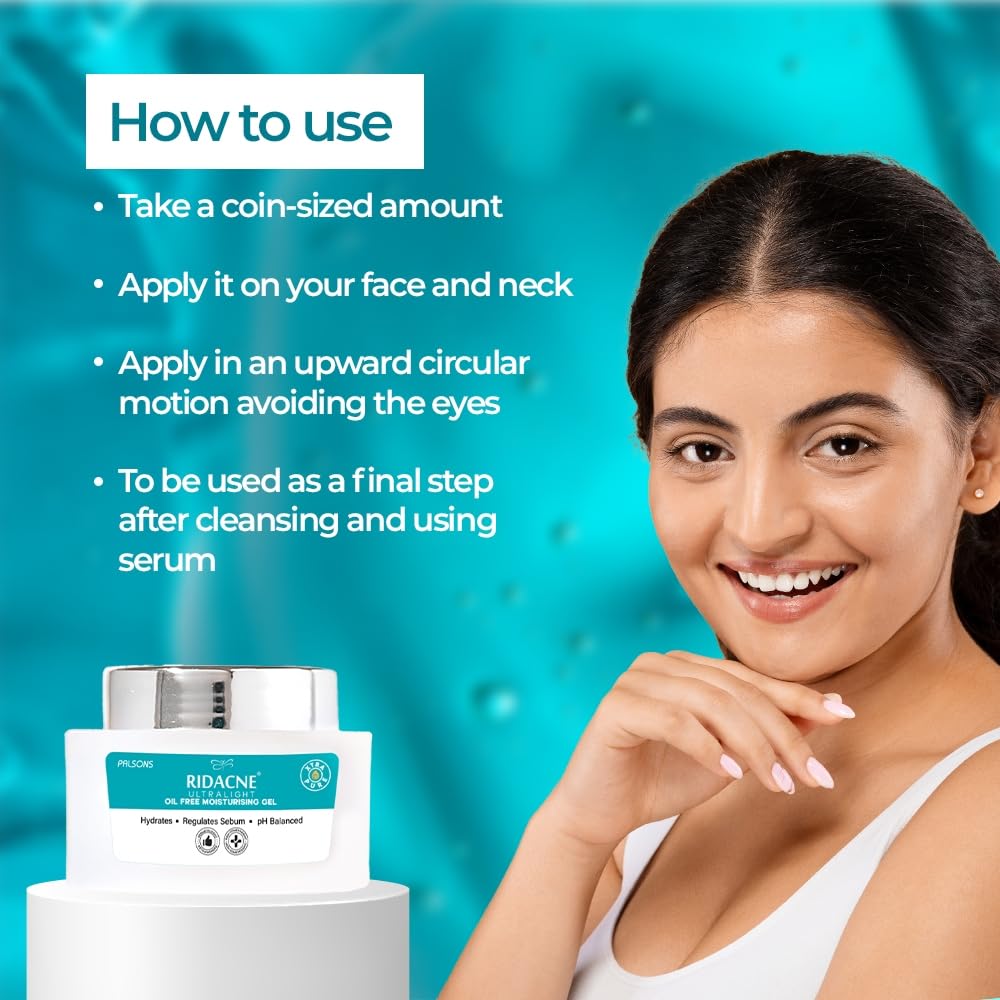 RIDACNE Ultralight Oil Free Moisturising Gel for Oily & Acne-Prone Skin | With Acnacidol BG, Hyaluronic Acid & Green Tea | Lightweight, Non-Comedogenic Moisturiser | 40g