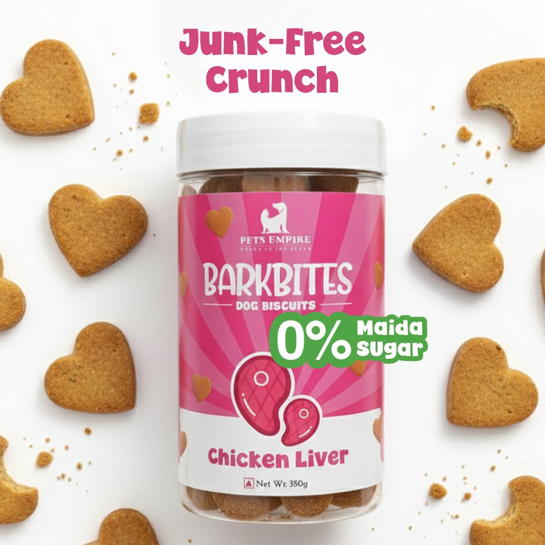 PETS EMPIRE BARKBITES Chicken Liver Biscuit Jar for Dogs 350g – Healthy Dog Treats with No Maida, No Sugar, No Salt – Crunchy & Nutritious Biscuits for Training and Rewards
