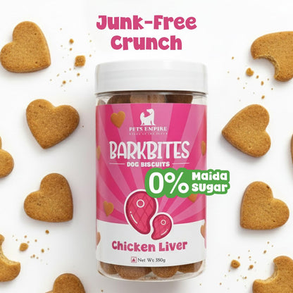 PETS EMPIRE BARKBITES Chicken Liver Biscuit Jar for Dogs 350g – Healthy Dog Treats with No Maida, No Sugar, No Salt – Crunchy & Nutritious Biscuits for Training and Rewards